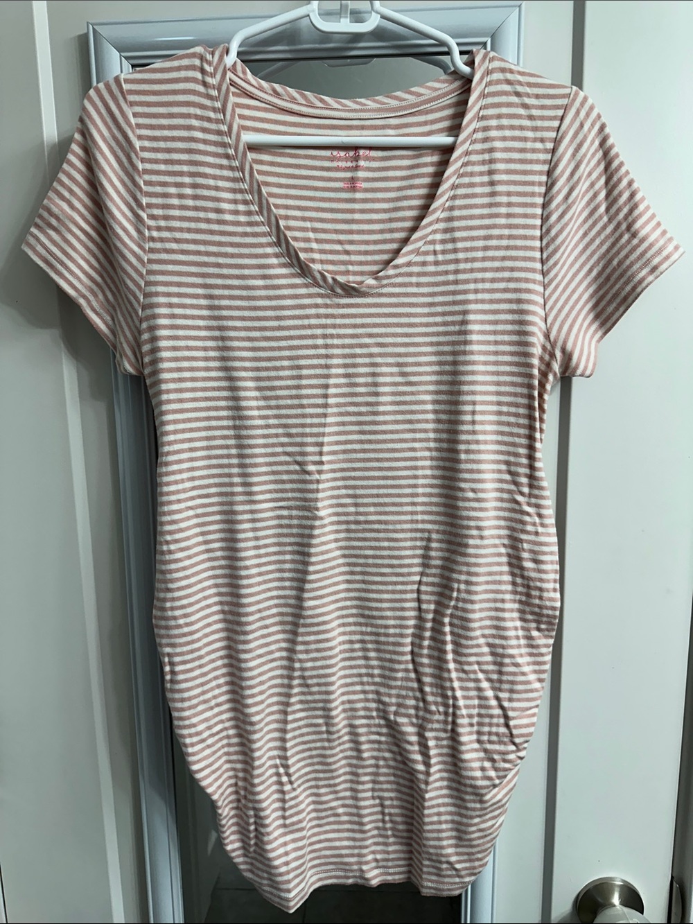Striped V-Neck Short Sleeve maternity Top in Blush and White